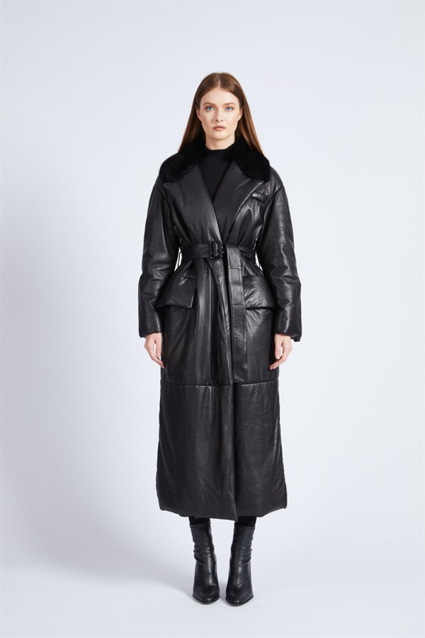 Black Collar Furry Puff Long Leather Jacket