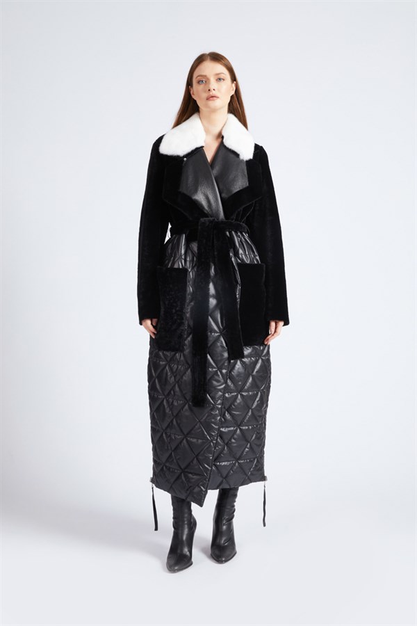 Black Quilted Fur Long Coat