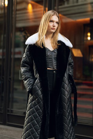 Black Quilted Collar Fur Coat